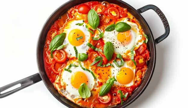 Delicious shakshuka in frying pan isolated on white, top view