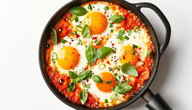 Delicious shakshuka in frying pan isolated on white, top view
