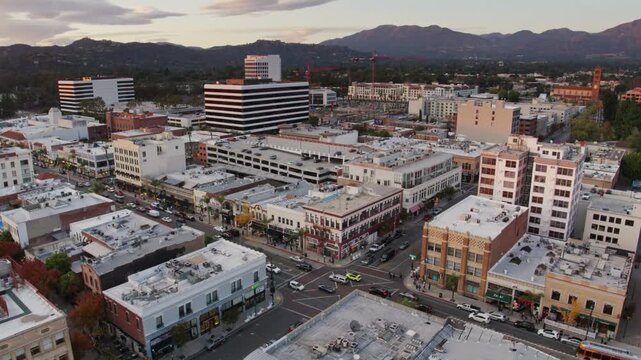 Aerial view of downtown pasadena, california, with mountains in the background
