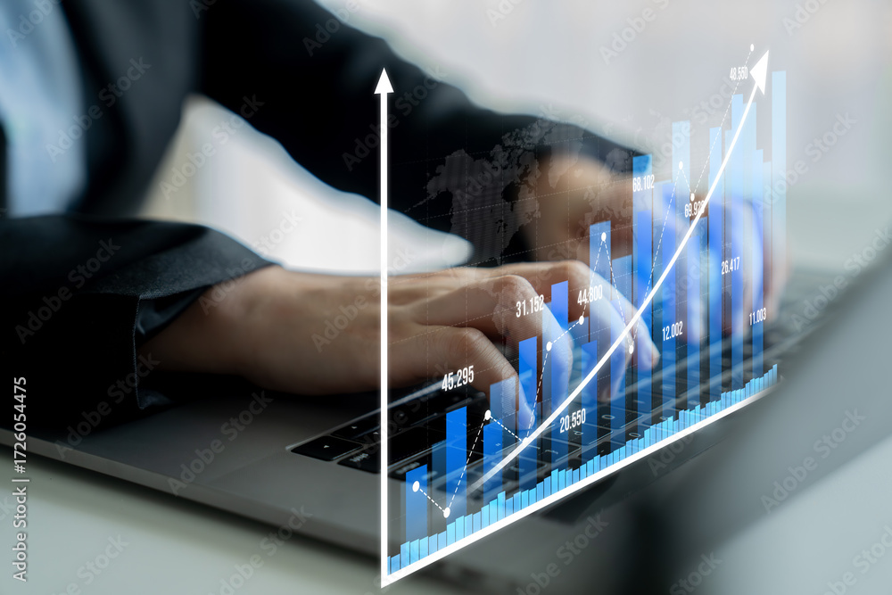 Poster a business professional engaged in data analysis, utilizing a laptop to explore dynamic statistical 