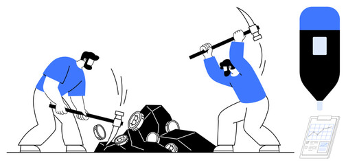Two workers breaking rocks with pickaxe and hammer, extracting minerals. Tall marker beside, clipboard below. Ideal for resource mining, labor, industry, teamwork, efficiency effort simple flat