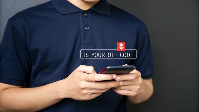 Person in blue shirt holding phone with otp code overlay against a dark gray background look close