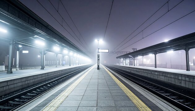 Empty train station platform at night in fog - Powered by Adobe