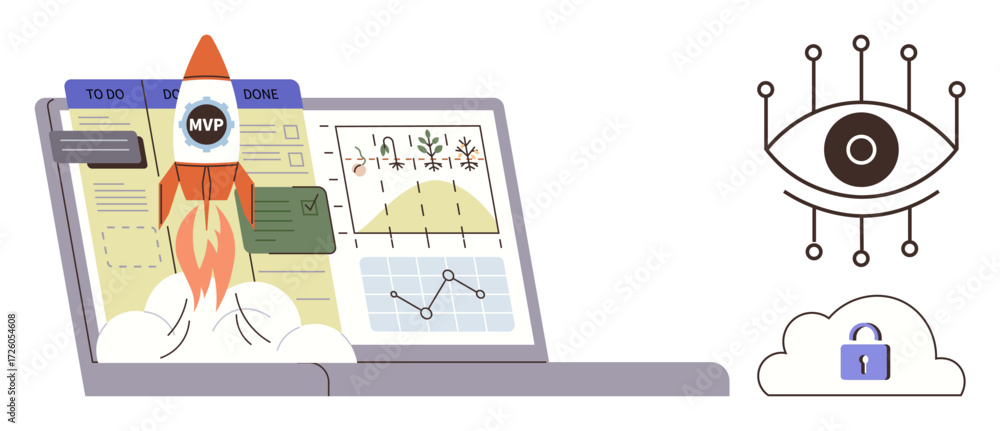 Poster rocket launching from a laptop with charts, tasks, and progress bars. eye with circuits and secured 