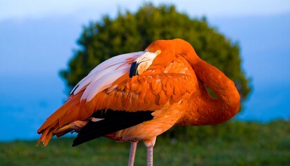 Vibrant orange bird preening feathers