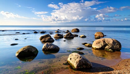 Rocks in shallow ocean water reflect the sky with fluffy clouds on a sunny day