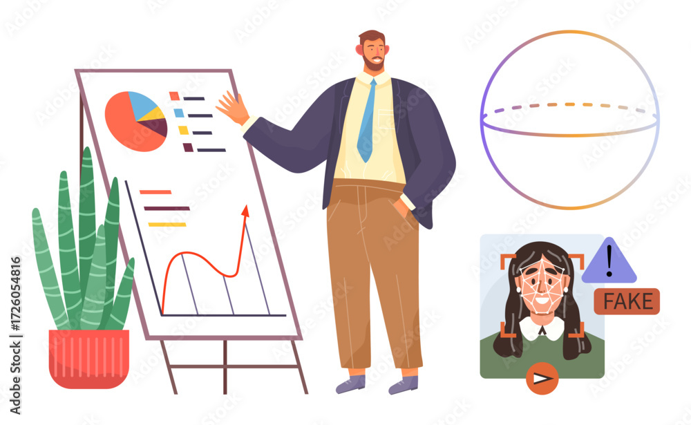 Poster businessman explaining charts on a flip board, fake content identification with ai, and global commu