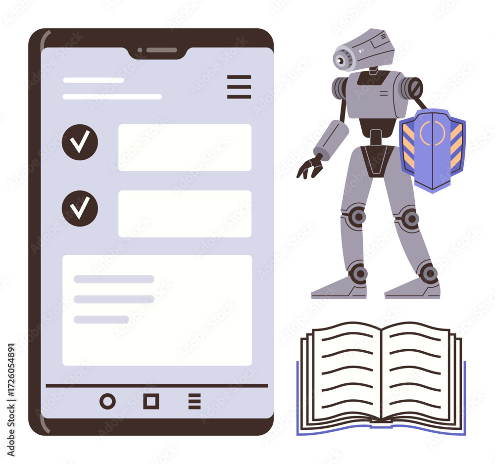 Poster robot holding shield facing smartphone interface with checklists, paired with an open book. ideal fo