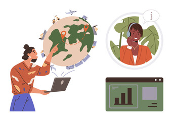 Woman pointing at a globe with travel icons, virtual meeting participant on screen, and data chart display. Ideal for remote work, global economy, customer service, teamwork, travel planning