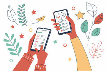 Character hand hold smartphone and use artificial intelligence to fill survey form, give feedback, customer evaluation rating. User experience concept. Vector illustration. 