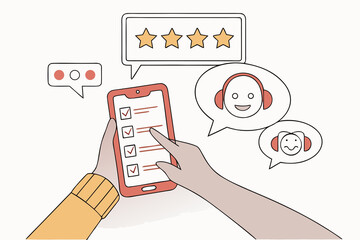 Character hand hold smartphone and use artificial intelligence to fill survey form, give feedback, customer evaluation rating. User experience concept. Vector illustration. 