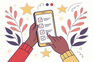Character hand hold smartphone and use artificial intelligence to fill survey form, give feedback, customer evaluation rating. User experience concept. Vector illustration. 