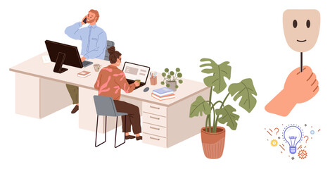 Two colleagues working at desks, one holding mask symbolizing hidden emotions, surrounded by plants, books, and innovation symbols. Ideal for teamwork, communication, emotional intelligence