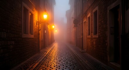 Fototapeta premium Mysterious Foggy Cobblestone Street Illuminated by Golden Lanterns in an Old European Town