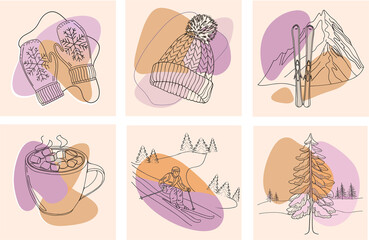 Winter vector set in one line drawing style with soft pastel colors, including Christmas tree, mittens, hat, skis, skier and hot drink, perfect for Christmas card, New Year design and holiday decorati