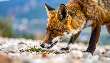 Close-up of a red fox sniffing the ground