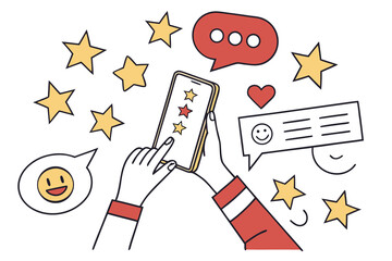 Character hand hold smartphone and use artificial intelligence to fill survey form, give feedback, customer evaluation rating. User experience concept. Vector illustration. 