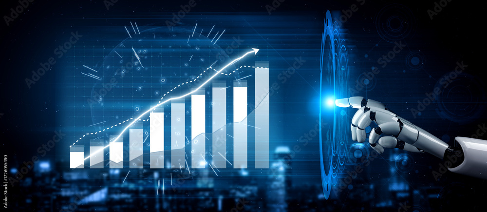Poster a futuristic robot hand interacts with digital data charts and graphs, showcasing advanced technolog