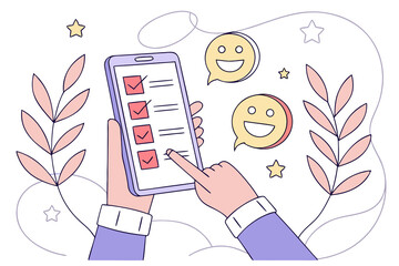 Character hand hold smartphone and use artificial intelligence to fill survey form, give feedback, customer evaluation rating. User experience concept. Vector illustration. 
