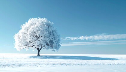 Solitary snow-covered tree in a vast, serene winter landscape