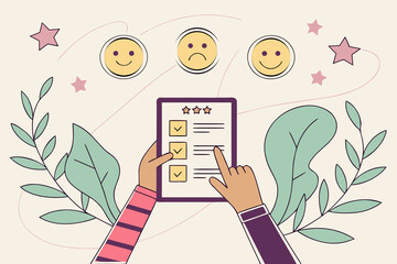 Character hand hold smartphone and use artificial intelligence to fill survey form, give feedback, customer evaluation rating. User experience concept. Vector illustration. 