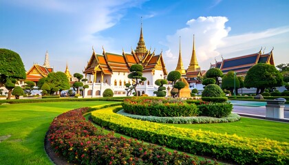 Royal architecture complex with golden spires and intricate details, vibrant gardens