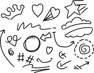 Hand drawn sketch elements crown hearts arrows stars and other shapes