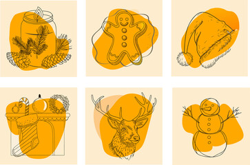 Christmas vector set with hand drawn line illustrations in soft orange tones, including Santa hat, gingerbread man, candle jar, stocking, reindeer, and snowman for New Year and holiday design