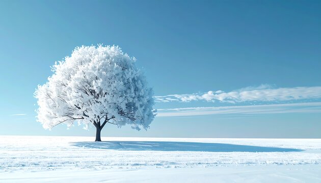 Solitary snow-covered tree in a vast, serene winter landscape - Powered by Adobe