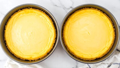 Two round cheesecakes in metal pans, set on a marble surface, baked, overhead view