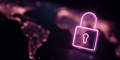 Cybersecurity concept with glowing pink lock icon and digital world map on dark background
