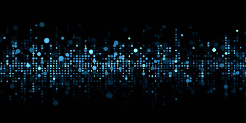 Blue abstract digital sound wave made of glowing particles and data dots on black background
