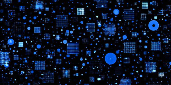 Floating digital squares and circles in a blue glowing data cloud, abstract network background
