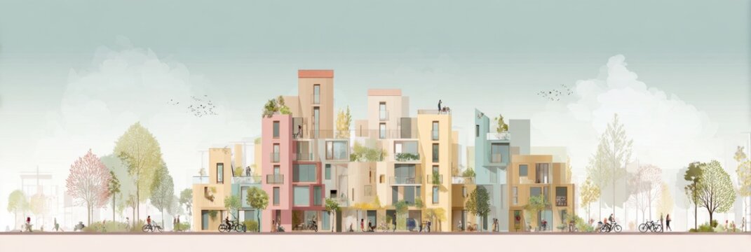 Modern Urban Housing Design Showcasing Diverse Architecture and Greenery in a Bustling City Environment During Daytime