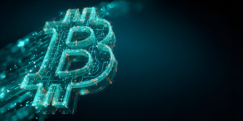 3D glowing bitcoin logo made of digital particles in abstract crypto background