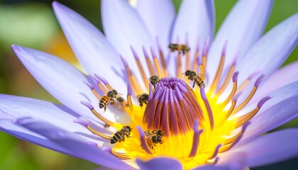 Honeybees gathering pollen inside a blooming light purple lotus flower, soft focus