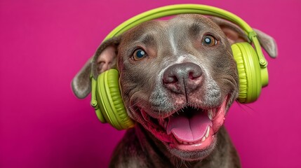 Joyful Dog Wearing Headphones on pink background
