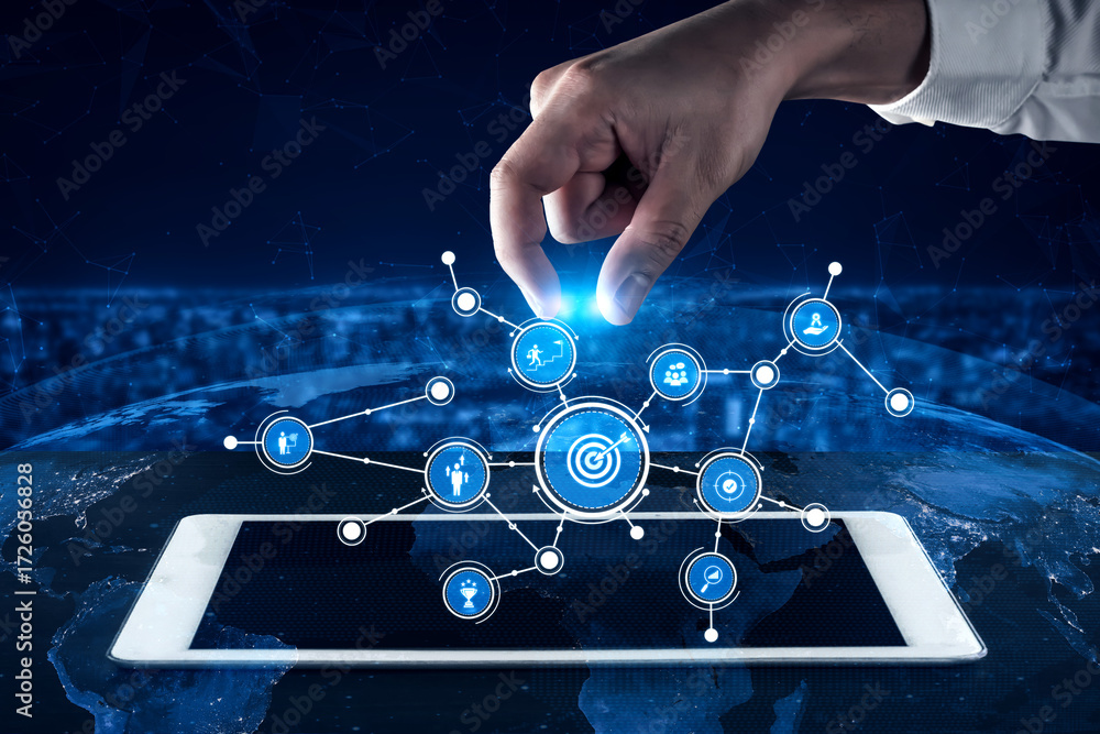 Poster a hand reaches for digital connection nodes hovering above a tablet, symbolizing innovation in techn