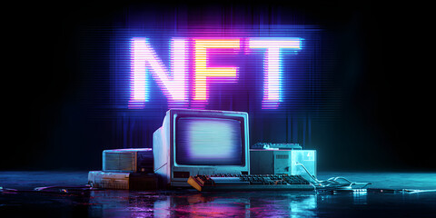 NFT concept with retro computer and glowing text in neon cyberpunk background
