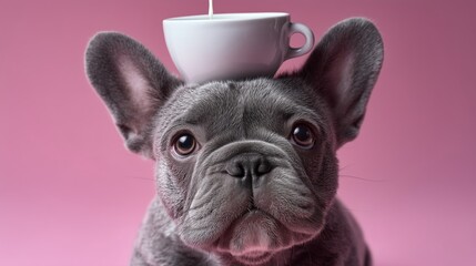 French Bulldog with Coffee Cup on Head on pink background