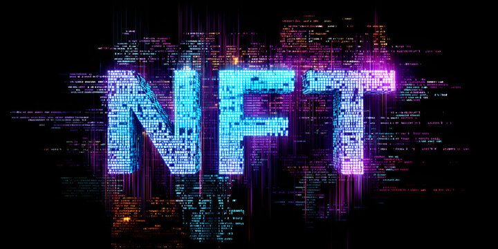 NFT glitch text with digital distortion and code elements on a dark tech background
