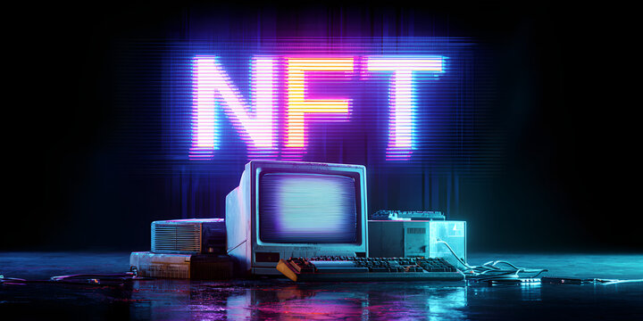 NFT concept with retro computer and glowing text in neon cyberpunk background
