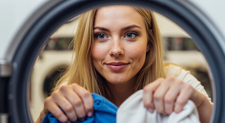 Closeup photography of laundry woman with clothes for washing, inside view of washing machine