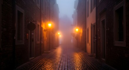 Mysterious Old Town Street at Night Shrouded in Dense Fog with Glowing Vintage Lamps Illuminating