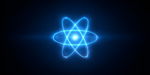 Glowing blue atom symbol on dark background, nuclear and science energy concept

