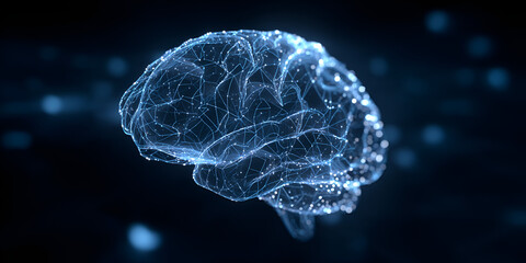 Futuristic wireframe brain model with glowing digital neural network on dark background
