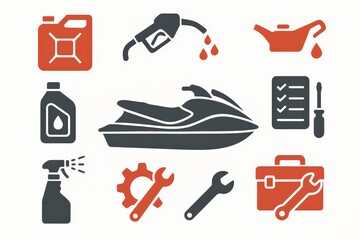 Comprehensive visual representation of watercraft maintenance and servicing tools including fuel can, engine oil, checklist, and wrenches emphasizing efficiency and preparation in recreational