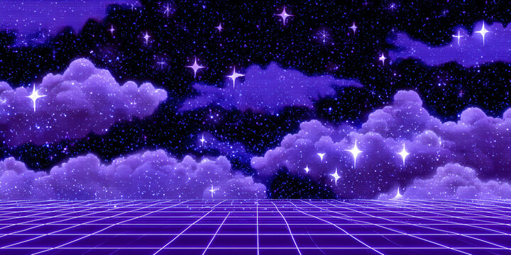 Pixel art purple night sky with glowing stars and retro grid, nostalgic vaporwave background
