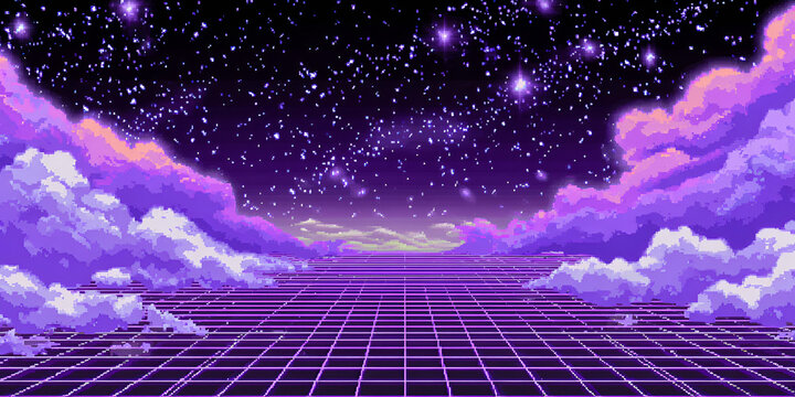 Pixel art night sky with purple clouds and stars, retro futuristic 8-bit background
