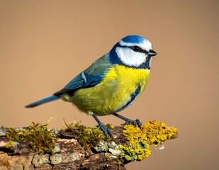 Obraz premium Vivid blue, yellow bird perched on mossy branch